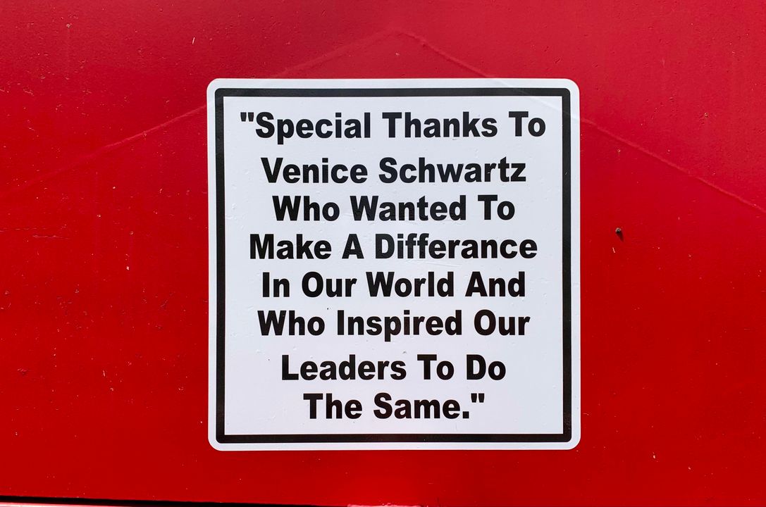 Sign on Recycling Trailer thanking Venice Schwartz